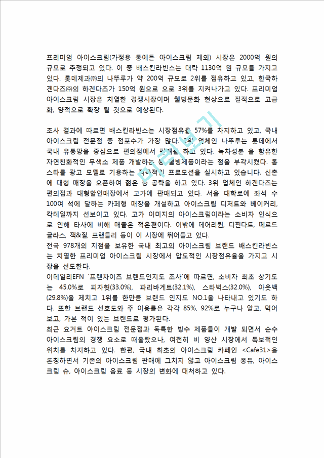 [베스킨라빈스 마케팅사례연구] 배스킨라빈스 기업분석과 성공요인분석및 배스킨라빈스 마케팅 SWOT,STP,4P전략분석과 배스킨라빈스 향후전략 제안.hwp